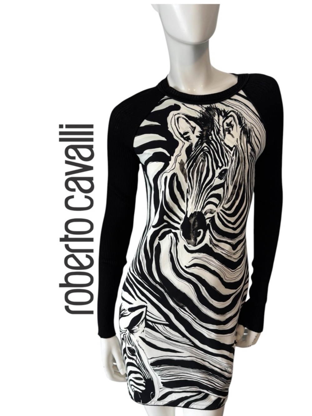 Roberto Cavalli Black & White Zebra Print Long Sleeve Dresd